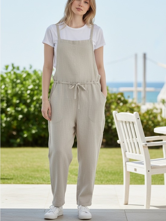 &merci Pants - NWT &Merci Minimalist Beige Linen Square Neck Utility Tie Front Overall Jumpsuit